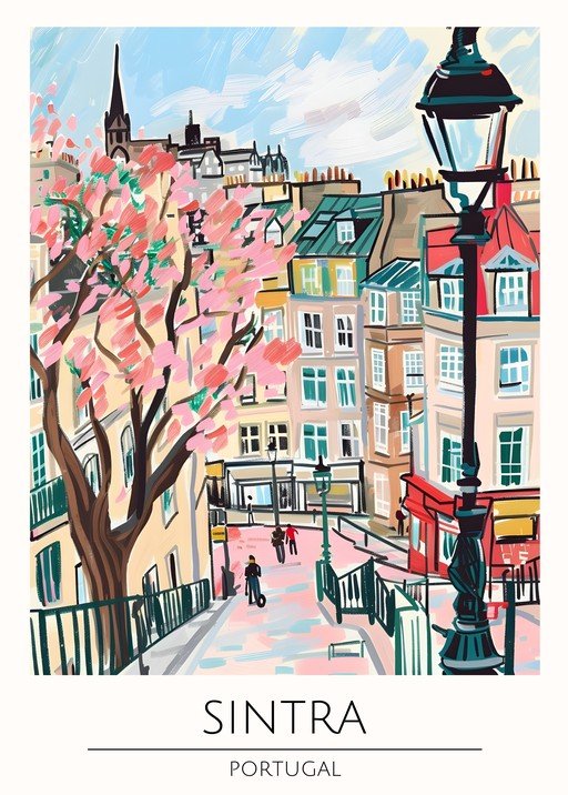 Sintra, Portugal Street Scene with Cherry Blossoms