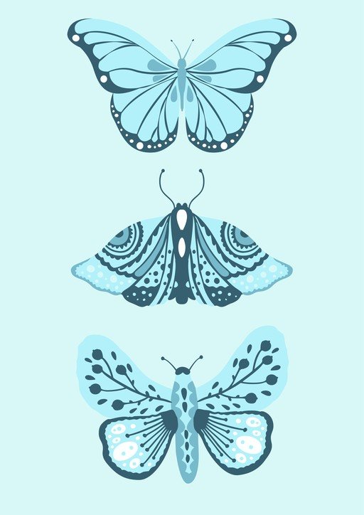 Three Stylized Blue Butterflies on a Light Blue Background