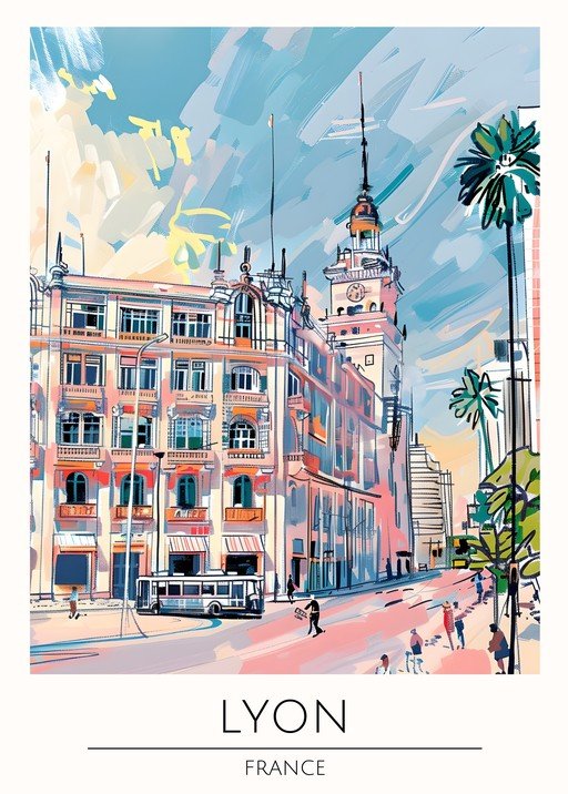 Artistic Illustration of Lyon, France Street Scene