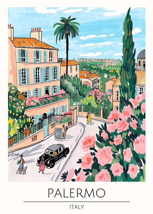 Vibrant Palermo Street Scene with Vintage Car and Flowers