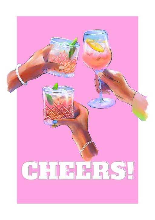 Cheers! Pink Cocktail Illustration with Hands