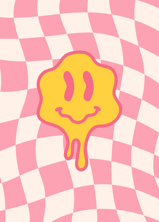 Melting Smiley Face on Pink Checkerboard Background