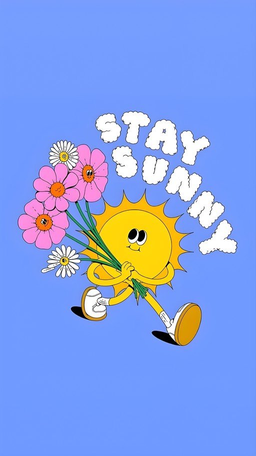 Cartoon Sun Character Holding Flowers with "Stay Sunny" Text