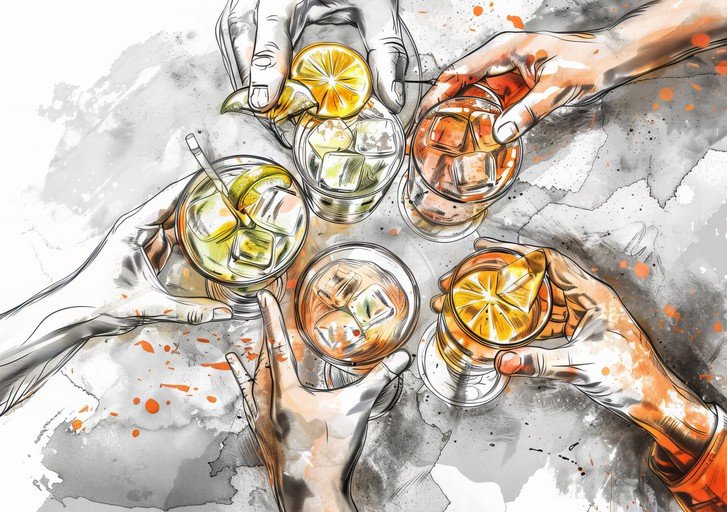 Hands toasting with cocktails, watercolor illustration