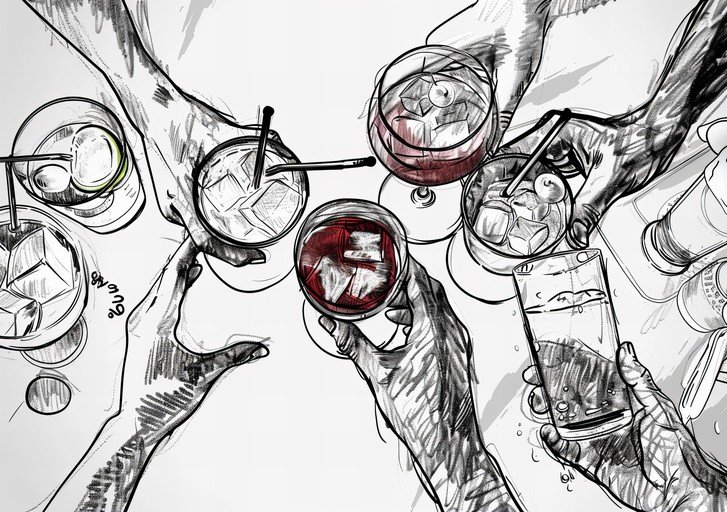 Hands Clinking Glasses in Sketchy Style