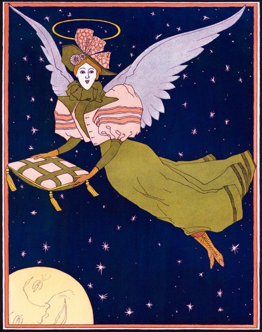 Art Nouveau Angel with Pillow in Starry Night Sky