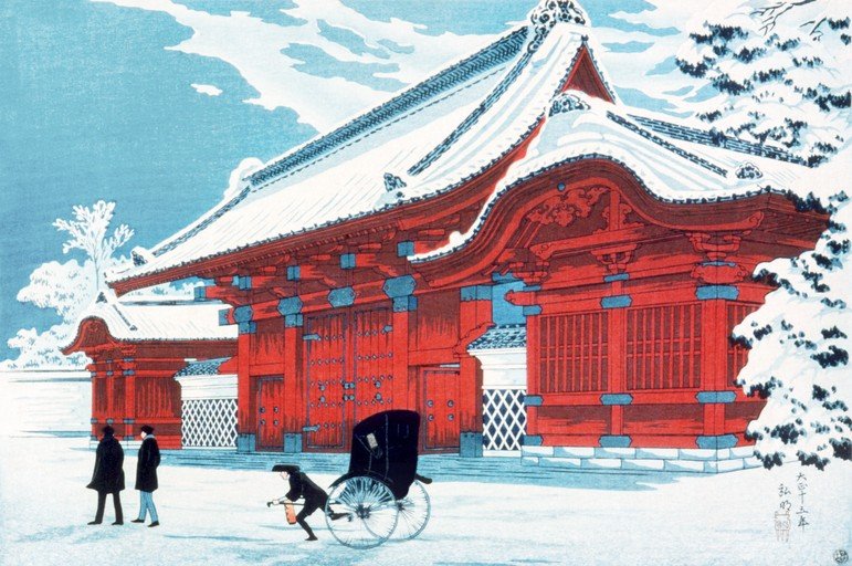 Japanese Temple Gate in Winter with Rickshaw