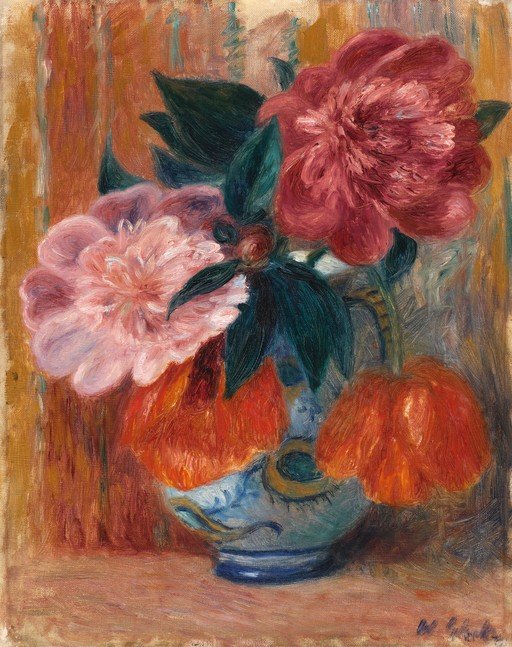 Peonies in a Blue and White Vase
