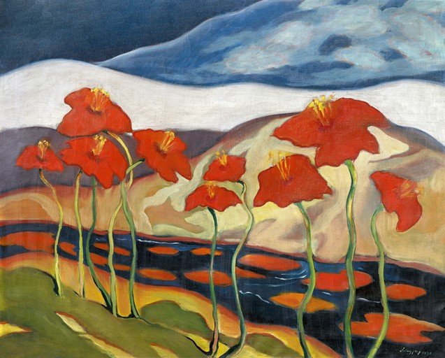 Vibrant Red Poppies in a Stylized Landscape