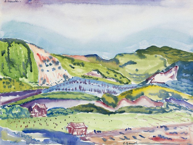 Watercolor Landscape with Barns