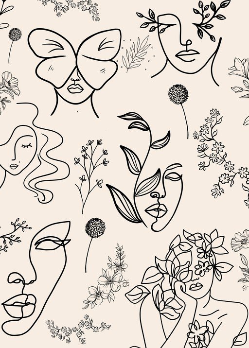 Abstract Line Art Faces and Floral Elements