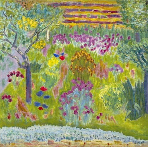 Impressionist Garden with Vibrant Flowers and Trees
