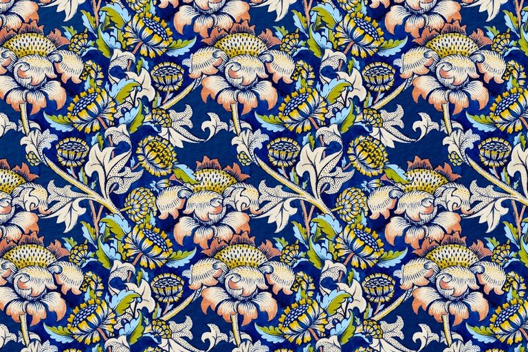 Vintage Floral Pattern with Blue, Peach, and Yellow Hues