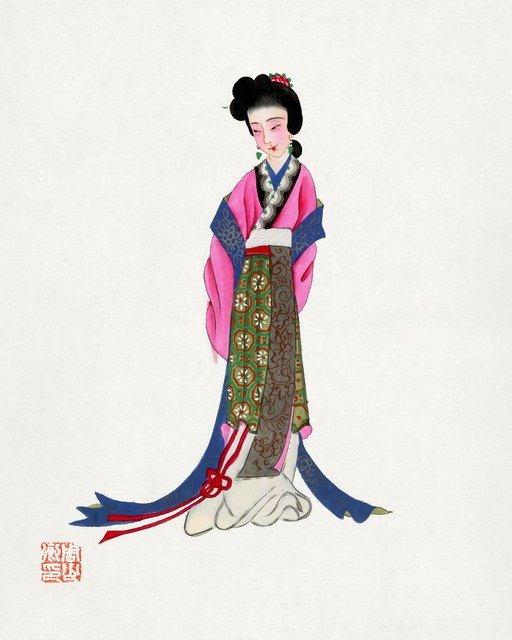 Traditional Chinese Woman in Pink and Green Silk Robes