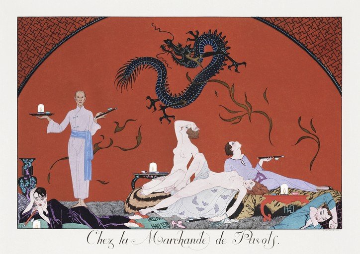 Art Deco Scene with Dragon and Figures
