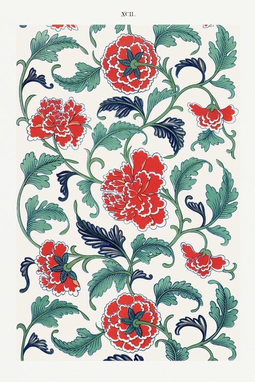 Vintage Floral Pattern with Red Peonies and Green Leaves