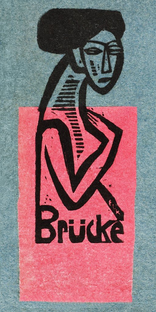Expressionist Woodcut of a Woman with "Brücke" Text