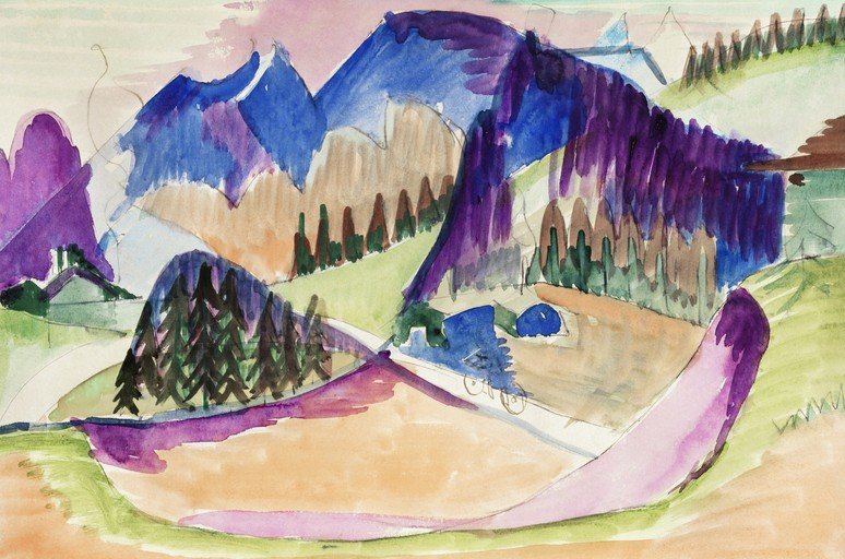Expressive Watercolor Landscape of Mountains and Trees