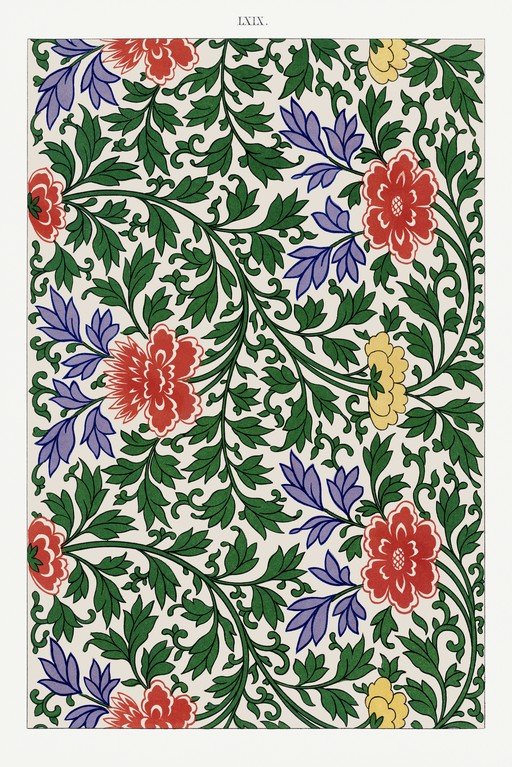 Vintage Floral Pattern with Red, Yellow, and Blue Flowers
