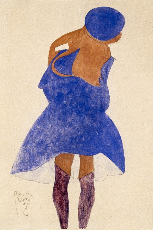 Woman in Blue Dress and Hat, Stylized Drawing