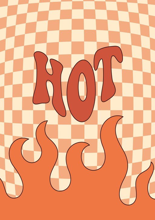 Retro "Hot" Text with Flames and Checkerboard Background