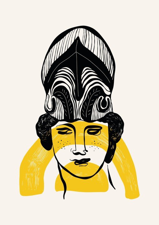 Abstract Portrait with Tribal Headdress and Yellow Accents