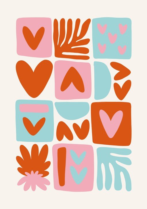 Abstract Heart and Floral Shapes in Retro Palette