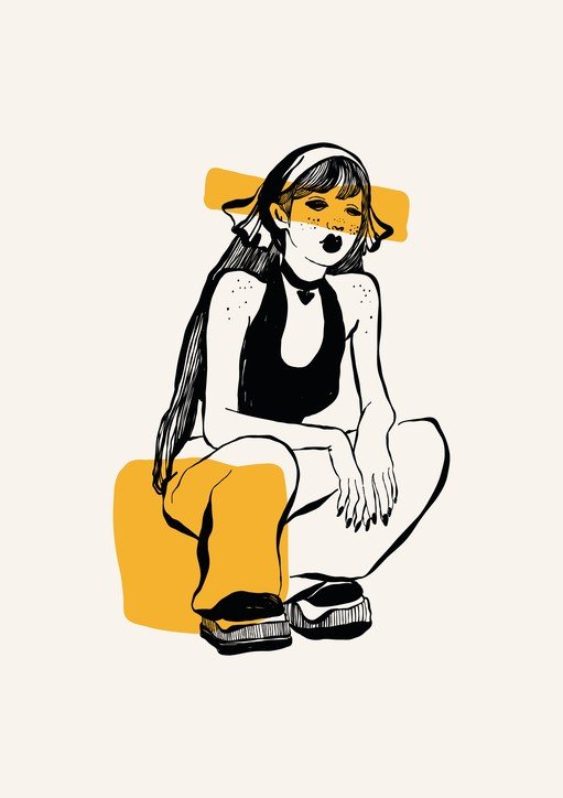 Illustration of a woman in a black halter top and yellow pants