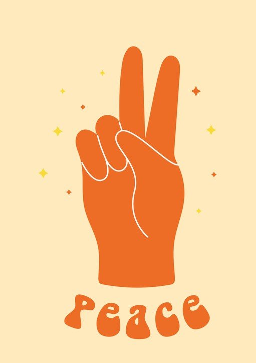 Retro Peace Sign with Starbursts and Wavy Text
