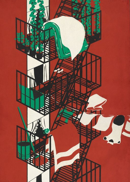 New York Fire Escape with Laundry and Plants