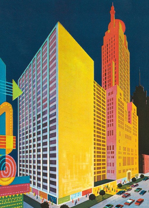 Retro cityscape with vibrant skyscrapers and cars
