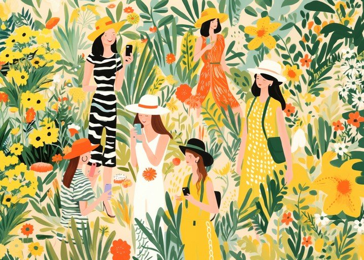 Women in Floral Garden with Smartphones