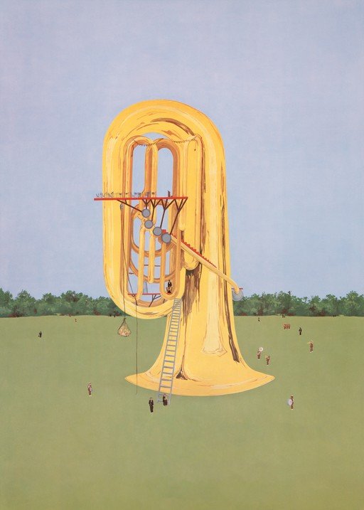 Surreal Tuba Landscape with Tiny Figures