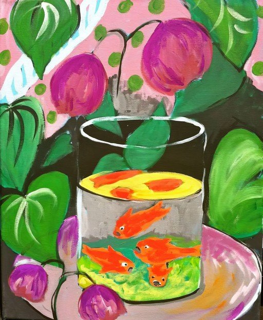 Vibrant Still Life: Goldfish in a Glass Jar with Tropical Plants