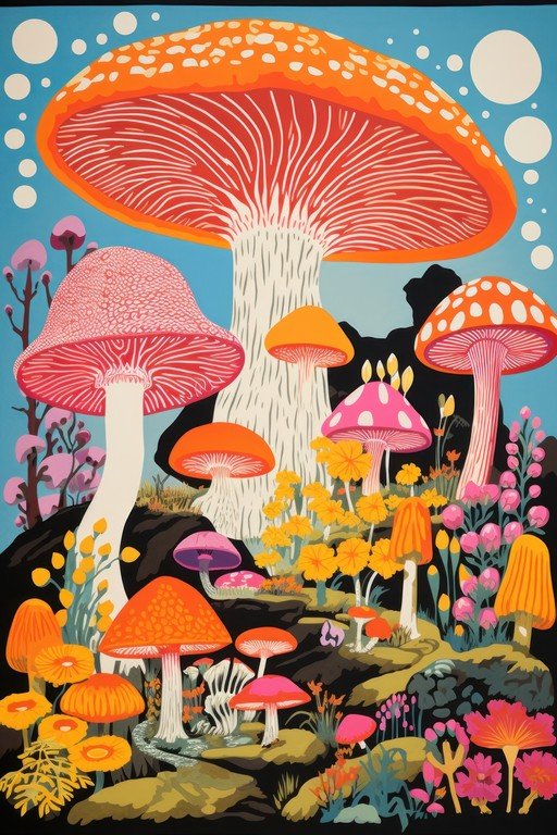 Whimsical Mushroom Forest with Vibrant Colors