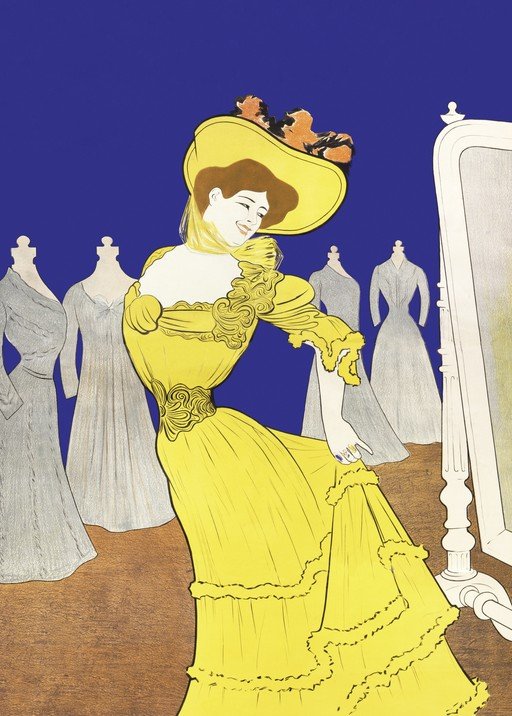 Woman in Yellow Dress Admiring Herself in Mirror