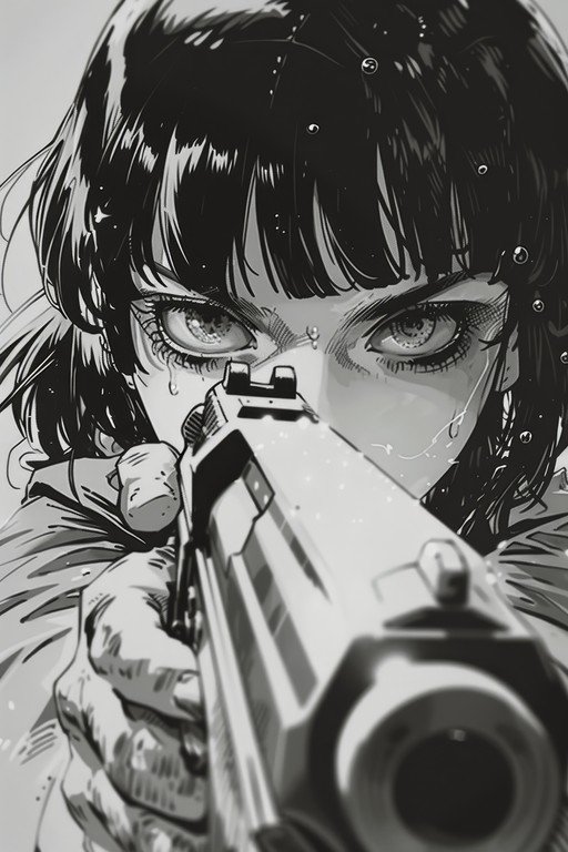 Anime Girl Aims Gun in Intense Close-Up