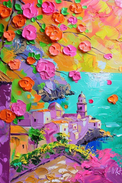 Impressionist Painting of a Coastal Village with Blooming Flowers