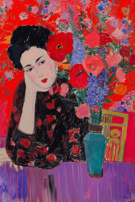 Woman in Black with Red Flowers