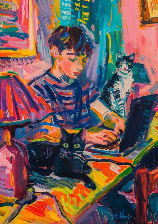 Vibrant Oil Painting of a Young Person with Two Cats
