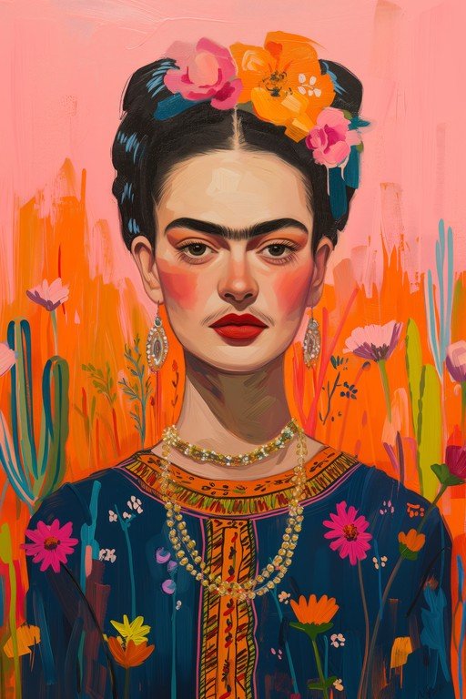 Frida Kahlo Portrait with Flowers and Cacti