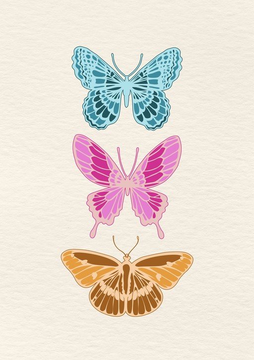Three Stylized Butterflies in Blue, Pink, and Orange