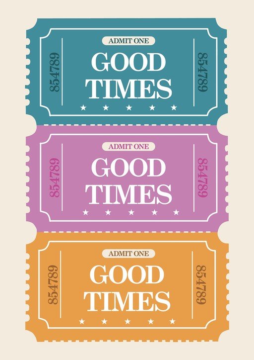 Vintage "Good Times" Admission Tickets in Teal, Pink, and Orange