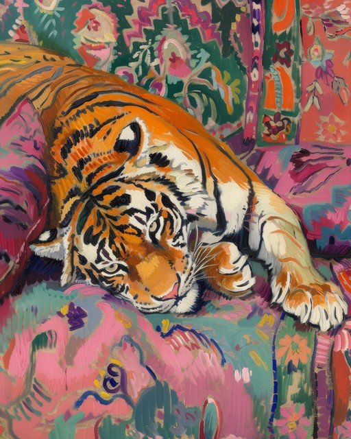 Tiger Resting on Vibrant, Patterned Sofa