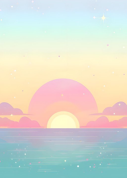Pastel Sunset Over Calm Ocean with Stars