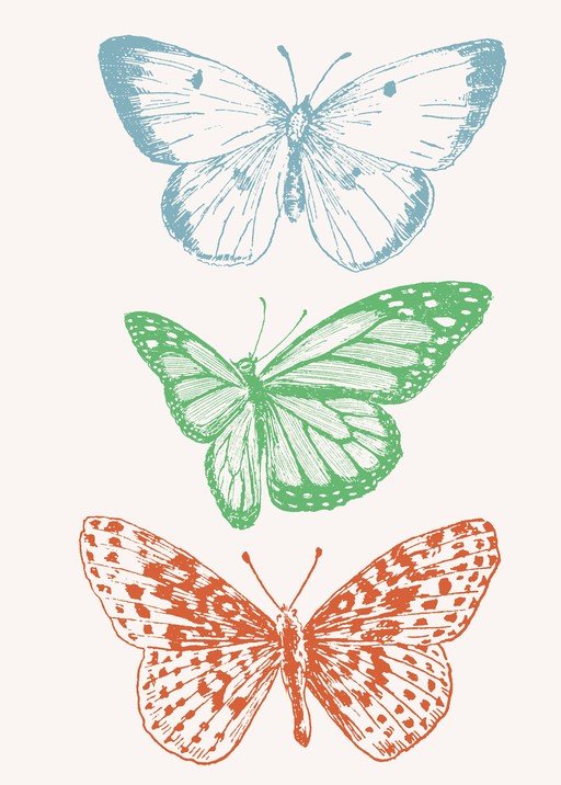 Three Butterflies in Blue, Green, and Orange
