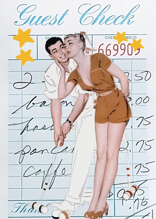 Retro Couple Kissing on Guest Check with Croquet Mallets