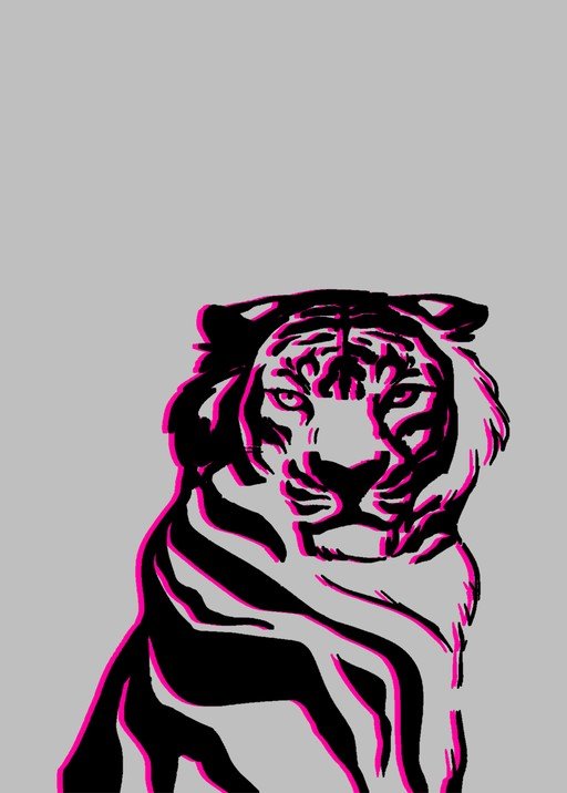 Stylized Tiger Portrait with Pink and Black Outline