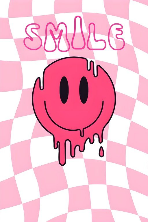 Dripping Smiley Face with Pink Checkered Background