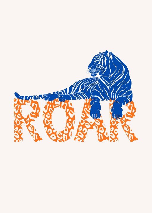 Blue Tiger Roaring Over Leopard Print Letters